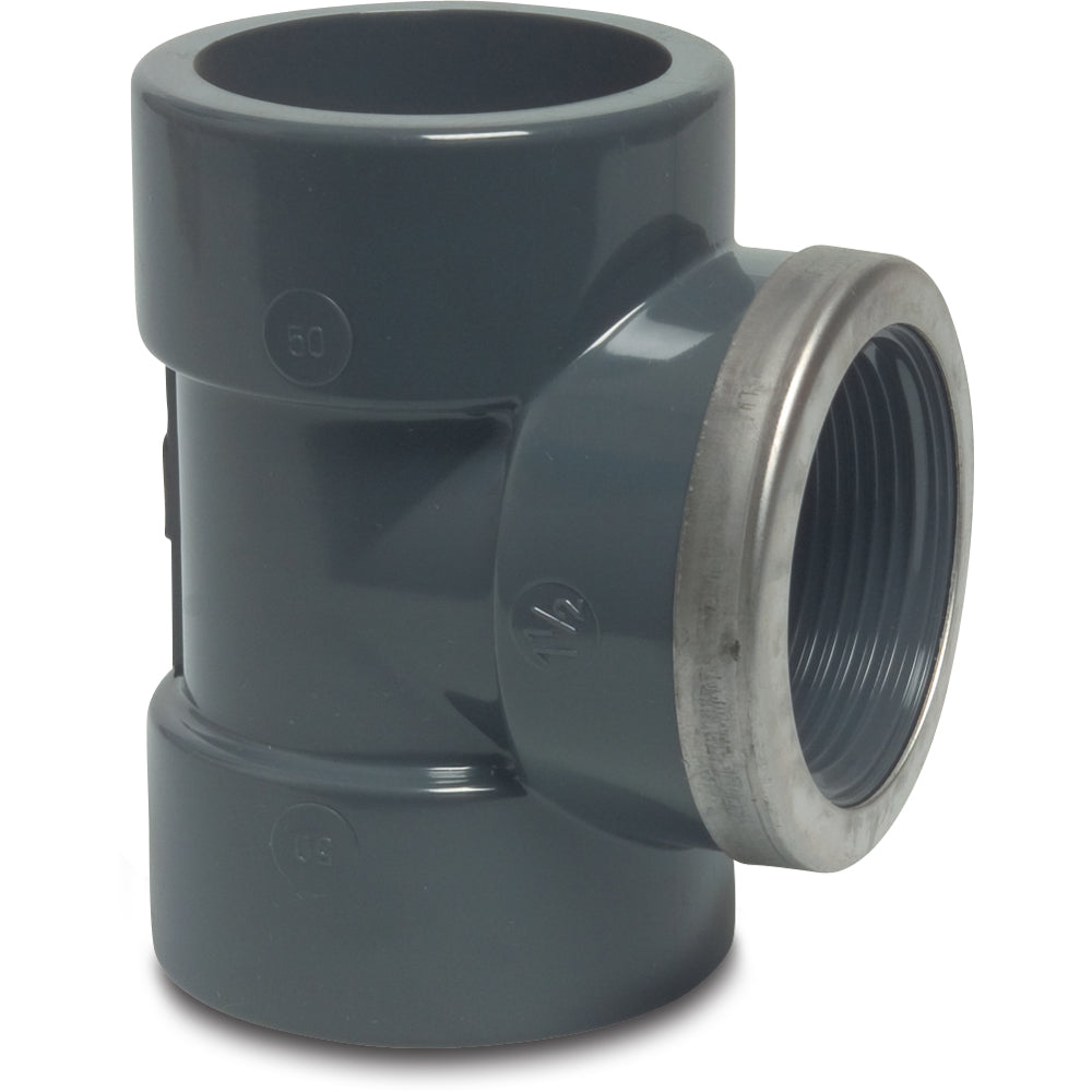 PVC Tee - 90° Plain with Female Thread and Stainless Steel Ring ...