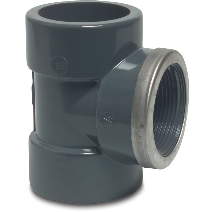 PVC Tee - 90° Plain with Female Thread and Stainless Steel Ring