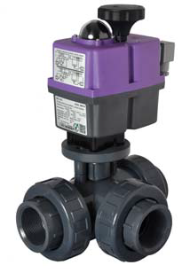 PVC 3 Way Ball Valve Double Union with Electrical Actuator 24v-240v AC - Female Thread - 1 1/2""